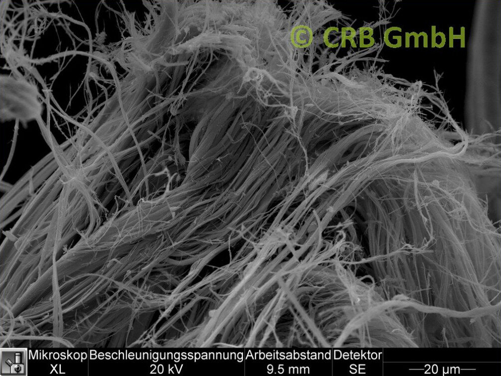 SEM-picture of chrysotile asbestos in asbestos bearing millboards | © CRB Analyse Service GmbH